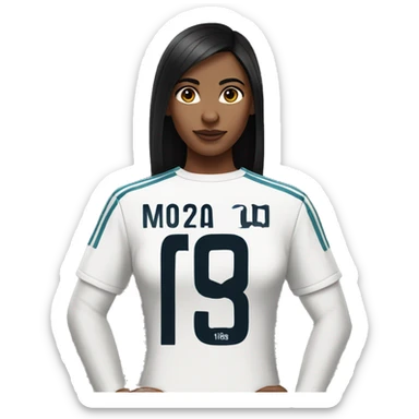 Femme fatale with long straight black hair middle part wearing a Real Madrid jersey sticker