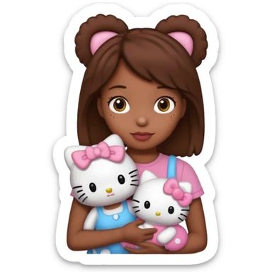 black girl with brown hair holding a hello kitty sticker