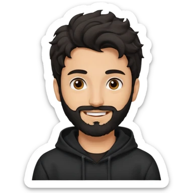 young fair skin pakistani guy smiling with black beard, wavy hair pushed back and brown eyes and big eyebrows, thin eyes , wearing black hoodie sticker