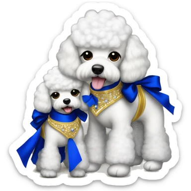 three-white-toy-poodles with royal blue and gold tutus on sticker