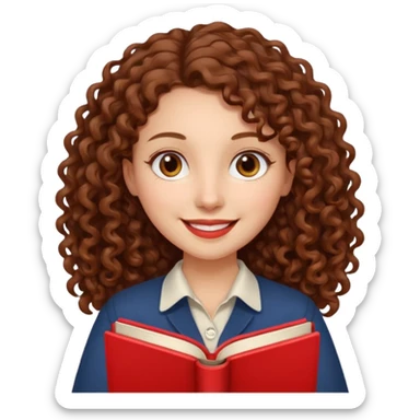 Long Hair Women with red Book, Brown curly hair, happy

 sticker