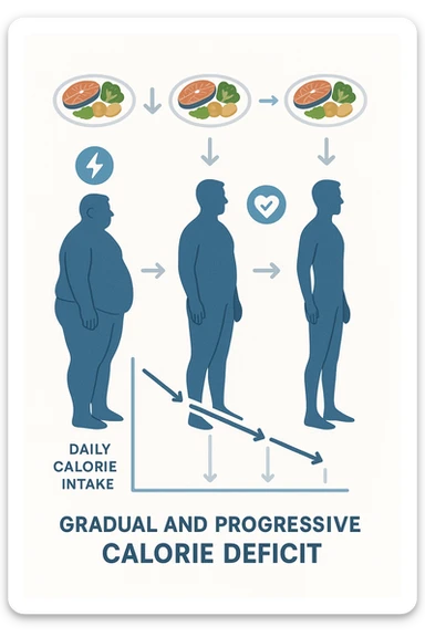 una sequenza di tre sagome umane affiancate, ognuna rappresenta una fase diversa di perdita di peso graduale. Sopra ogni figura, un piatto mostra porzioni di cibo bilanciate ma leggermente ridotte. Frecce e grafici illustrano una diminuzione lenta e costante dell’apporto calorico giornaliero, con icone che rappresentano energia, salute e mantenimento della massa muscolare. Sfondo pulito e moderno, con etichette chiare che spiegano “deficit calorico graduale e progressivo” sticker