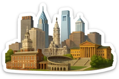 cinematic, realistic emoji of Philadelphia, wide city view featuring only real, iconic landmarks including Independence Hall, Philadelphia Museum of Art with the Rocky Steps, city skyline, City Hall tower, landmark PSFS building, Franklin Field Stadium, lifelike detail, accurate colors, bright daytime lighting, fully transparent background, no sky, no clouds, no imaginary or generic buildings, no giant Liberty Bell sticker