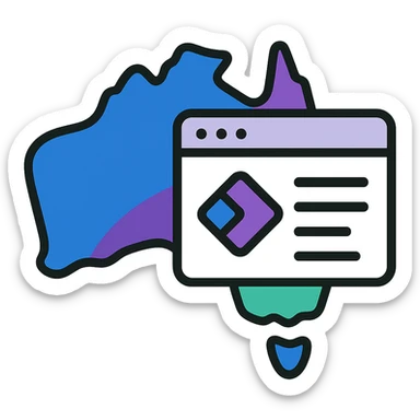 Add Microsoft Power Pages brand colors (blue, purple, teal) to the map of Australia with digital web page overlay, keep the modern and techy look, no text sticker