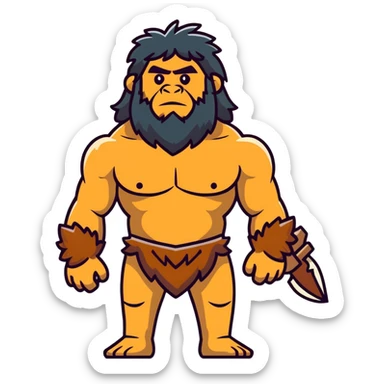 Neanderthal caveman with very broad shoulders, primitive human with strong build, fur clothing sticker