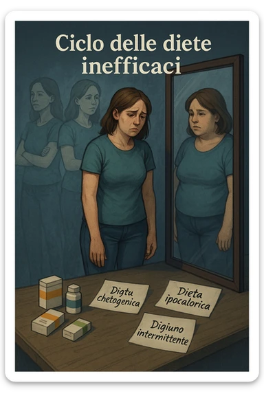 Donna tra i 30 e i 40 anni, in piedi davanti a uno specchio, con espressione delusa e stanca. Accanto a lei, sul pavimento, scatole di integratori, foglietti con scritte tipo 'Dieta chetogenica', 'Digiuno intermittente', 'Dieta ipocalorica'. Riflesso nello specchio mostra una versione di sé con peso aumentato, come se fosse tornata indietro nel tempo. Attorno a lei, immagini sbiadite o sovrapposte di sé in passato, quando era dimagrita. Atmosfera emotiva, simbolica, con luce fredda e sfumature di frustrazione. Messaggio visivo forte: 'ciclo delle diete inefficaci' in italiano sticker