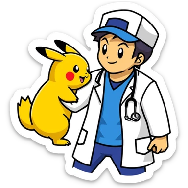 Hot handsomeb muscular 6ft tall smiling happy clean shaven Ash Ketchum playing doctor with Pikachu sticker