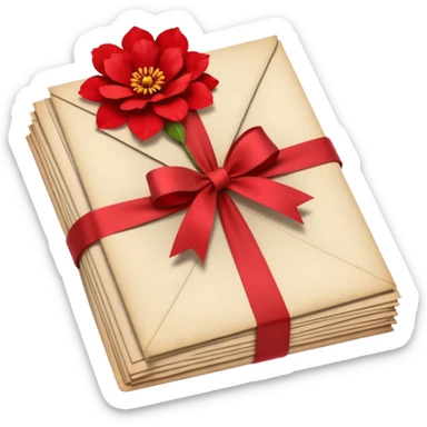 A beautifully arranged Stack of aged letters, tied with a red ribbon, envelopes, corespondence, aesthetic, red flower petals around, mails sticker