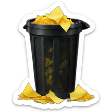black mesh metal dustbin filled with yellow crumbled papers sticker