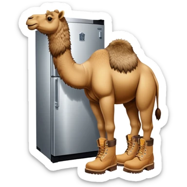 A stainless steel refrigerator with a camel head emerging from the freezer door and camel legs with tan Timberland work boots at the bottom sticker