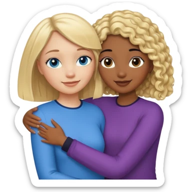 Girl best friends: one taller white girl with straight blond bob and blue eyes, one shorter black girl with long black curly hair, hugging sticker