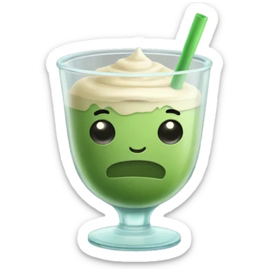 Ice matcha latte in a weird glass cup sticker