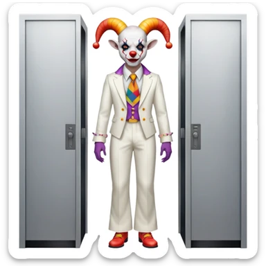 full-body demonic clown in a white leisure suit with bellbottom pants, bald, black ram horns, elevator shoes, flashy belt, ruffled shirt, colorful tie sticker