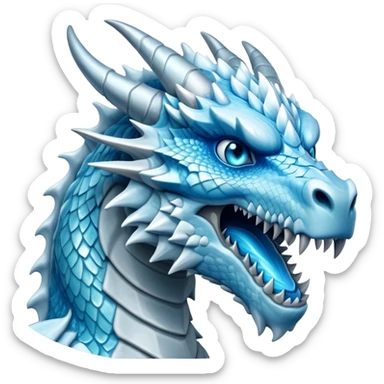 Cinematic Noble Fierce Ice Dragon Portrait Emoji, Poised and imposing, with a muscular, scaled body shimmering in glacial hues of icy blue, frostbitten silver, and crystalline white, breathing out frost, with piercing, glowing eyes that radiate the chilling depths of an arctic storm; rendered in detail. sticker