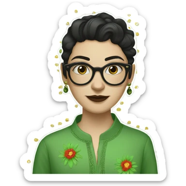 White girl in a green kurta with flower design, glasses, alot of piercing, gay, red lips, nose ring, full body, short straight black edgar hair, sticker