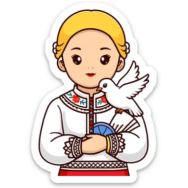 Ukrainian girl wearing a traditional embroidered vyshyvanka shirt with a white dove of peace next to her sticker