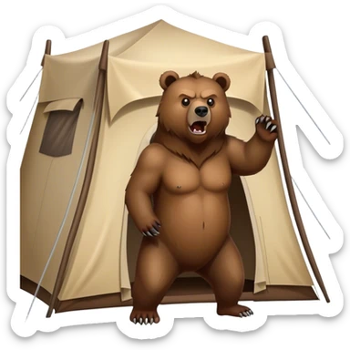 an angry grizzly bear outside of a tent looking at the tent sticker