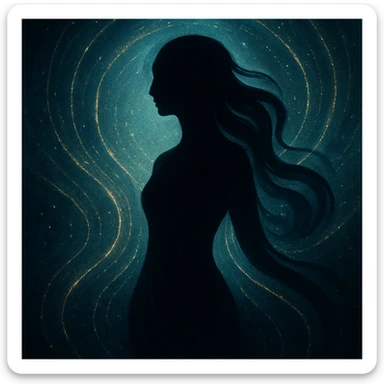 silhouette of a figure with flowing curves, radiating stillness and mystery, surrounded by shimmering energy sticker
