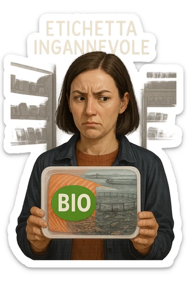 Scena in un supermercato moderno: uomo o donna tiene in mano una confezione di salmone etichettata 'BIO', con un grande bollino verde. Ma in trasparenza, dietro l’etichetta, si intravede un allevamento intensivo di salmoni in gabbie marine, acqua torbida e pesci ammassati. Espressione del cliente confusa e sospettosa. Sopra la testa, testo simbolico fluttuante: 'Etichetta ingannevole'. Colori contrastanti: confezione brillante ma realtà di fondo grigia e artificiale. Stile realistico con elementi simbolici forti sticker