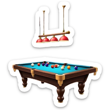 A well-arranged pool table with colorful billiard balls neatly placed, and a cue stick poised to take a shot. The setting is a dimly lit room with a focused atmosphere, highlighting the precision and strategy involved in the game of billiards. sticker