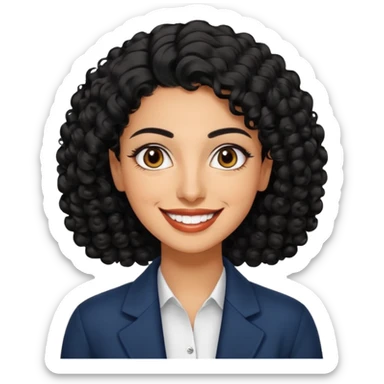 30 year old iranian woman very short curly black hair, big brown eyes, tanned skin, big smile, white teeth, pretty, stylish, shorter hair, man length hair sticker