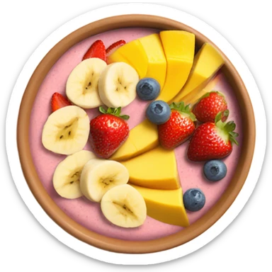 Smoothie bowl topped with strawberries, banana and mango sticker