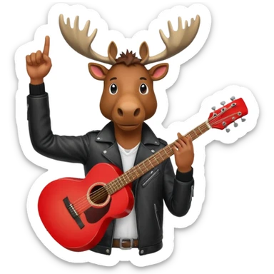 A man with a moose head in alaska pointing a red guitar directly up in the air. Make the graphics gritty and realistic like the moose man is a villian in a high budget batman movie. It needs to be 100 times more dark themed and realistic. Like your batman characters  sticker