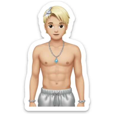 Aaron Carter with blonde hair, silver satin baggy pants, shirtless with necklace  sticker