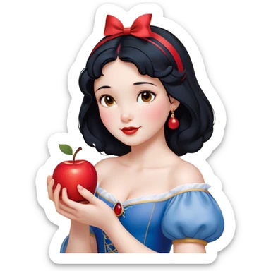 Cinematic Realistic Snow White Portrait, depicted with lifelike skin texture, soft natural lighting, and intricately detailed black hair styled with a red ribbon. Her soft brown eyes radiate innocence and kindness, complemented by a warm, gentle smile. She holds an apple in one hand, her other hand resting against her cheek, embodying her purity and charm. She is dressed in her classic yellow, blue, and red gown, the fabric rich in texture with delicate folds that catch the light beautifully. The portrait features a soft, natural glow with a radiant finish, capturing the essence of timeless beauty in a realistic and painterly style. sticker