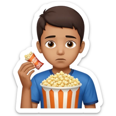 an indian boy wearing indian cricket jersey and eating popcorn and looking sad sticker
