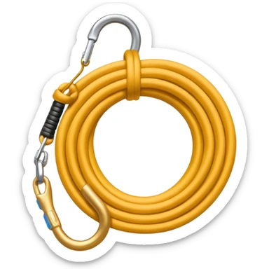 A 3D cartoon coiled climbing rope with a carabiner, golden color, resting on a rocky surface, realistic soft shadows, Memoji-style rendering. sticker