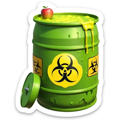 3D render of Biohazard Barrel, toxic waste aesthetic, neon green bubbling liquid, caution yellow metal, industrial warning texture, Apple emoji style, isolated on white background --v 6.0 sticker