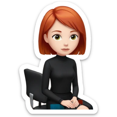 “Video call therapy session: red-haired therapist with short hair wearing black minimalist clothing, seated in a professional home office, looking at the webcam; client with long hair wearing all-black outfit visible on screen; calm, modern teletherapy setting sticker