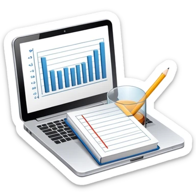 Icon for Business Reading: a prominent book at the forefront, laptop and notepad around it, along with a bar graph and symbolizing ideas and growth. The icon should represent the knowledge and strategy of business literature. Transparent background. sticker