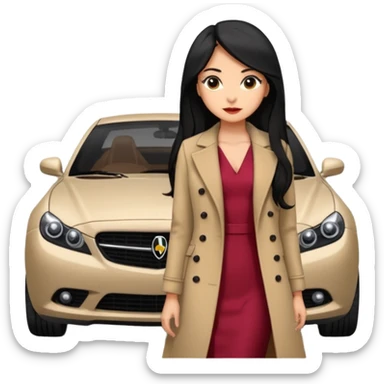 A fast, expensive black car with a young woman beside it The young woman has long black hair, wears a beige formal coat, and underneath is a cherry-colored dress. With expensive blak caaar sticker