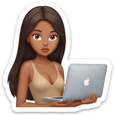 Glamours tanned very beautiful girl with big pump peach lips and dark chocolate straight smooth long hair, blue-grey eyes in brown/beige bodysuit with MacBook sticker