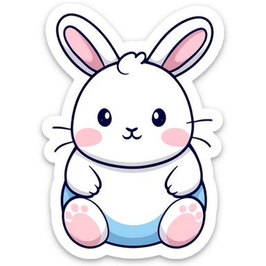 A chubby bunny character in exact Sanrio style like Kuromi and Cinnamoroll, ultra cute, super simplified kawaii design, oversized head on tiny body, rosy cheeks, small dot eyes, simple bow, pastel pink and soft blue colors, pure white face, thick black outline sticker