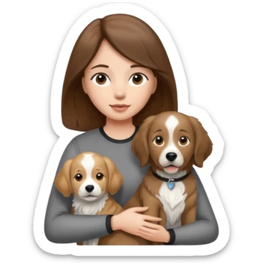 Girl with brown hair holding grey white and black golden retriever dog sticker
