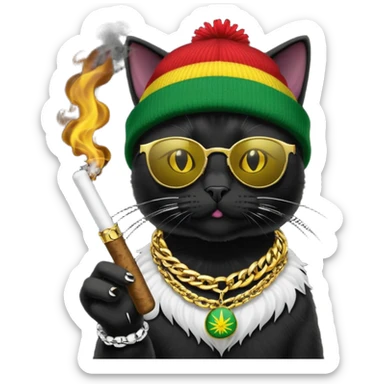 A black cat wearing the deal with it shades and a rasta beanie and smoking a joint and wearing a gold chain that says 420 sticker