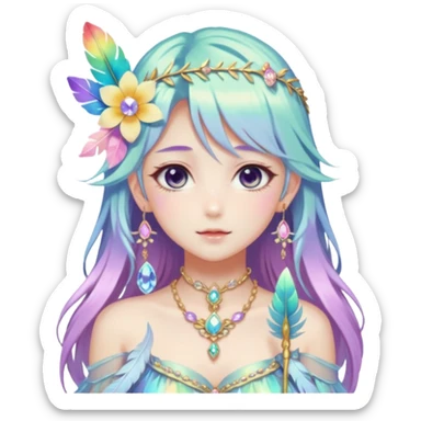 Beautiful gorgeous anime lady with beautiful iridescent-special-hair, fashion aesthetic, ethereal, fairycore, pastelcore, feather, flower, gems, accessories, jewelries, gold, colorful sticker