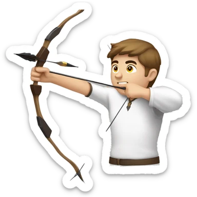a male archer aiming with a bow looking and  aiming at his target, wearing a white shirt, very short brown hair, bright skin sticker