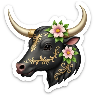 Aesthetic tattooed bull horn with flowers, black painted pattern markings  sticker
