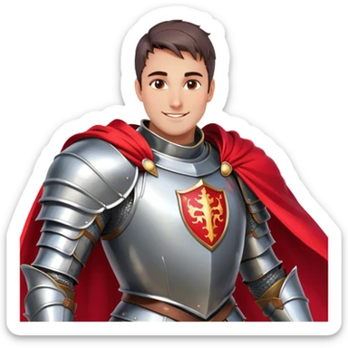 Create a side-view RPG character asset in a clean. The character is a brave knight with exaggerated, rounded features and minimal linework. They wear polished armor in silver tones, with a bright red cape flowing behind them. The face should have large, expressive eyes and a friendly smile that’s clearly visible even from the side view. Keep proportions simple and cartoony. The stance is slightly turned to emphasize the character’s side profile (facing right), with one hand on the hip and the other resting on a sheathed sword at the waist. The colors should be vibrant and easy to read, with smooth shading reminiscent of typical emoji designs. Include two variations: one idle pose and one simple walking pose, each capturing the playful, streamlined look of emoji-like characters. sticker