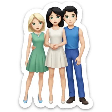 prince, standing upright, black Hair, blue eyes, garment, and woman, bending knee, sleveless white dress, blonde hair, green eyes, sticker