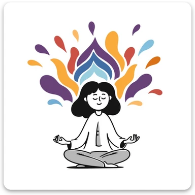 A person in a peaceful meditation pose with colorful rainbow waves of calmness radiating outward, representing mindfulness and stress relief. Vibrant hand-drawn doodle style with purples, blues, and warm tones. sticker