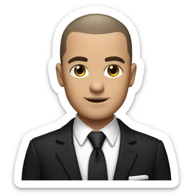White man with dark hair buzzcut, wearing black suit and tie with white dress shirt  sticker