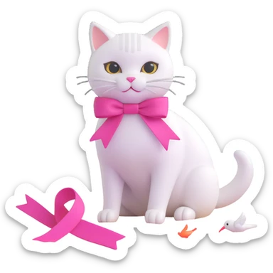 playful 3D iOS style image of a white cat with a pink ribbon, sitting on the beach and watching the sea and birds, in a cute, bright, and rounded design sticker