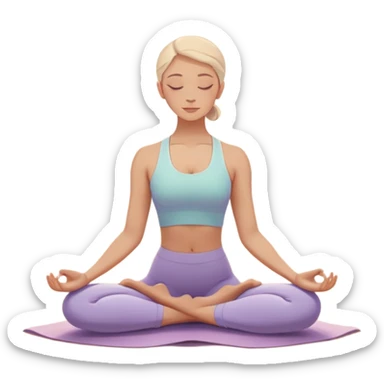 A peaceful person practicing yoga on a calm beach at sunrise, in a serene meditative pose. Soft pastel colors surround the scene, with gentle waves in the background and smooth, flowing lines representing balance and tranquility. The atmosphere feels centered and mindful. sticker