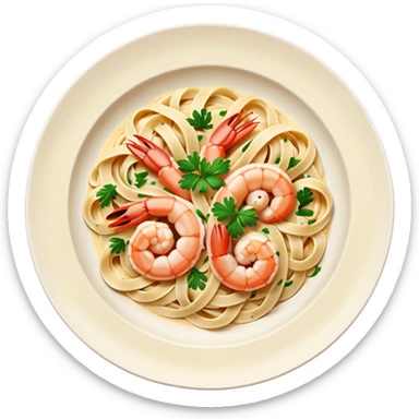 create a Whole Shrimp Linguini stylized thicker  with white plate Camera angle: slightly elevated top-down view with a gentle bird’s-eye perspective (about 15–20°), identical perspective and scaled do not add anything on plate


 sticker