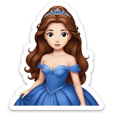 Cinematic Elegant Belle Portrait Emoji, rendered in a realistic, vector-style with minimal shading and bold, simplified shapes. Depict Belle (chest and above) with fair, luminous skin, deep brown expressive eyes, and long, flowing chestnut hair styled elegantly, wearing her classic blue ball gown. The image glows with a soft, warm radiance and high shine, capturing timeless refined beauty. sticker